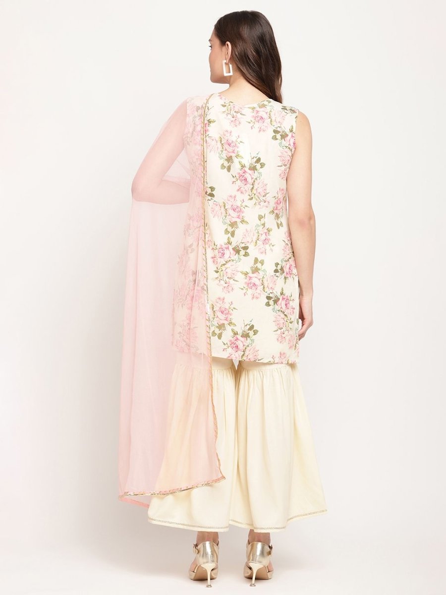 Ahalyaa Women's Beige Crepe Digital Floral Print Kurta Sharara Set with Dupatta | Swadesiicart