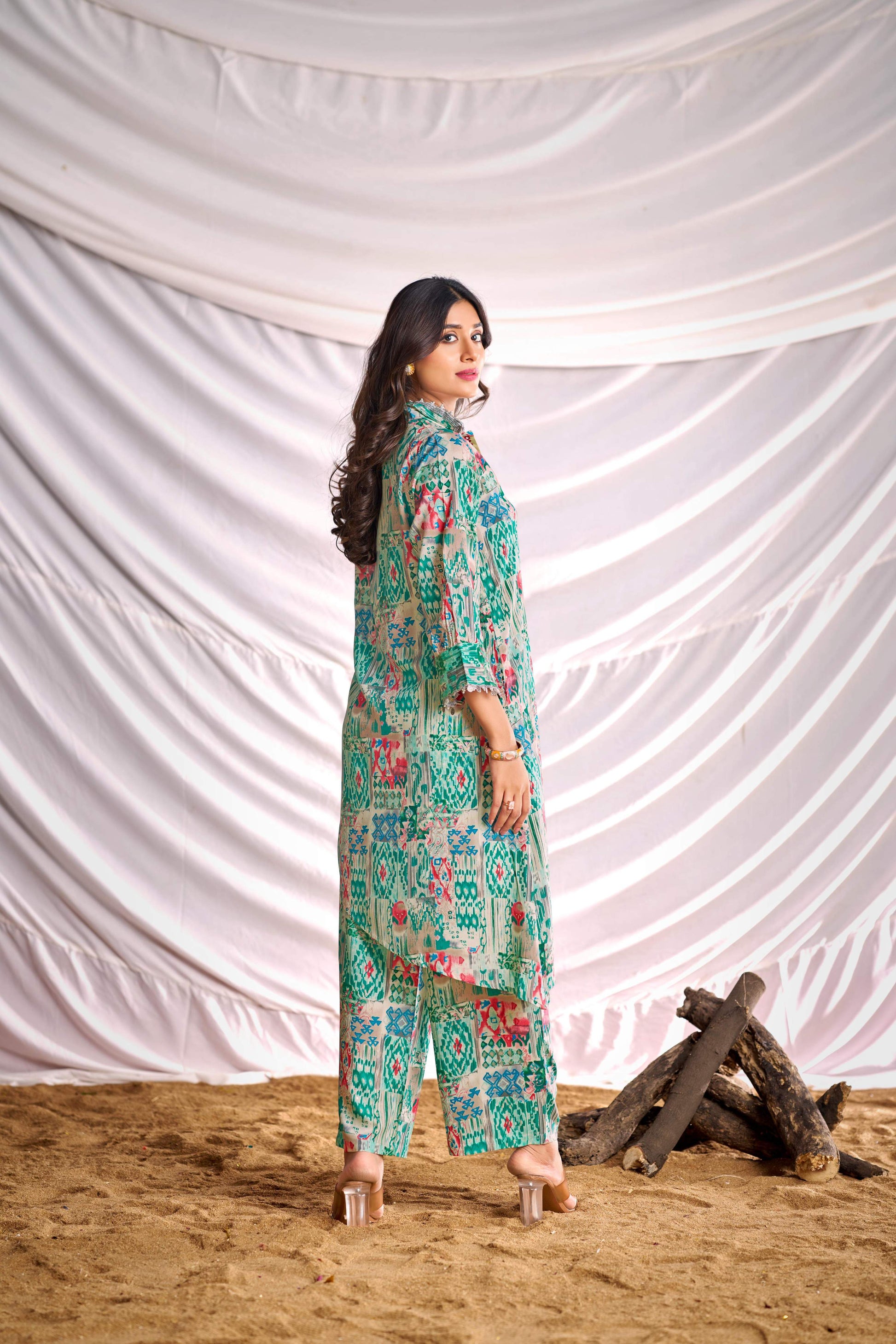 BulBul Women Aqua Green Abstract Printed Co-ord Set - Swadesiicart