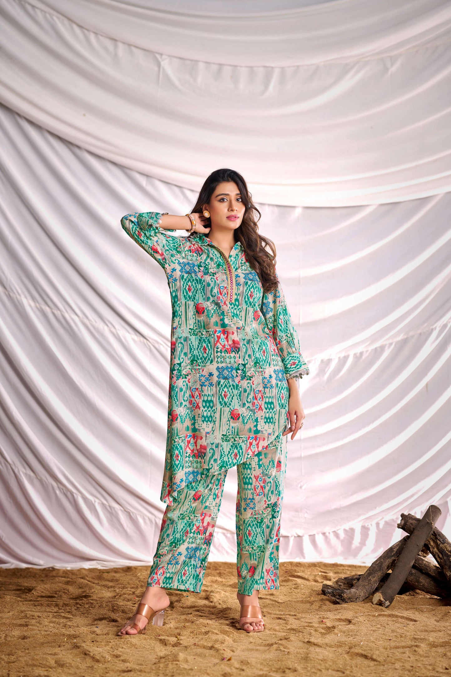 BulBul Women Aqua Green Abstract Printed Co-ord Set - Swadesiicart