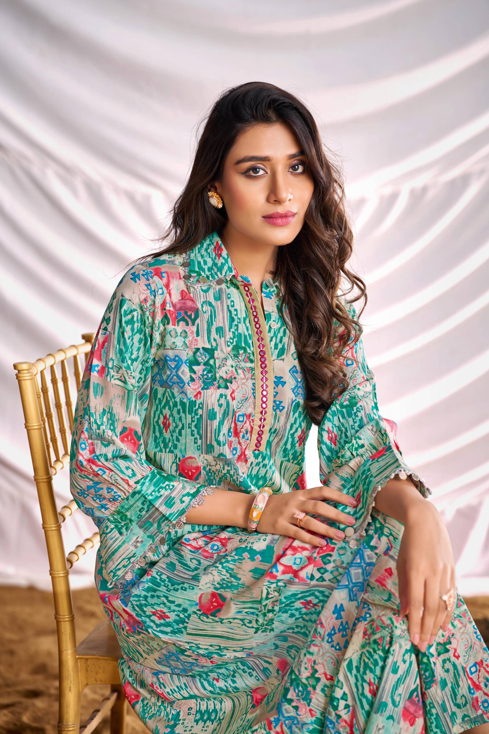BulBul Women Aqua Green Abstract Printed Co-ord Set - Swadesiicart