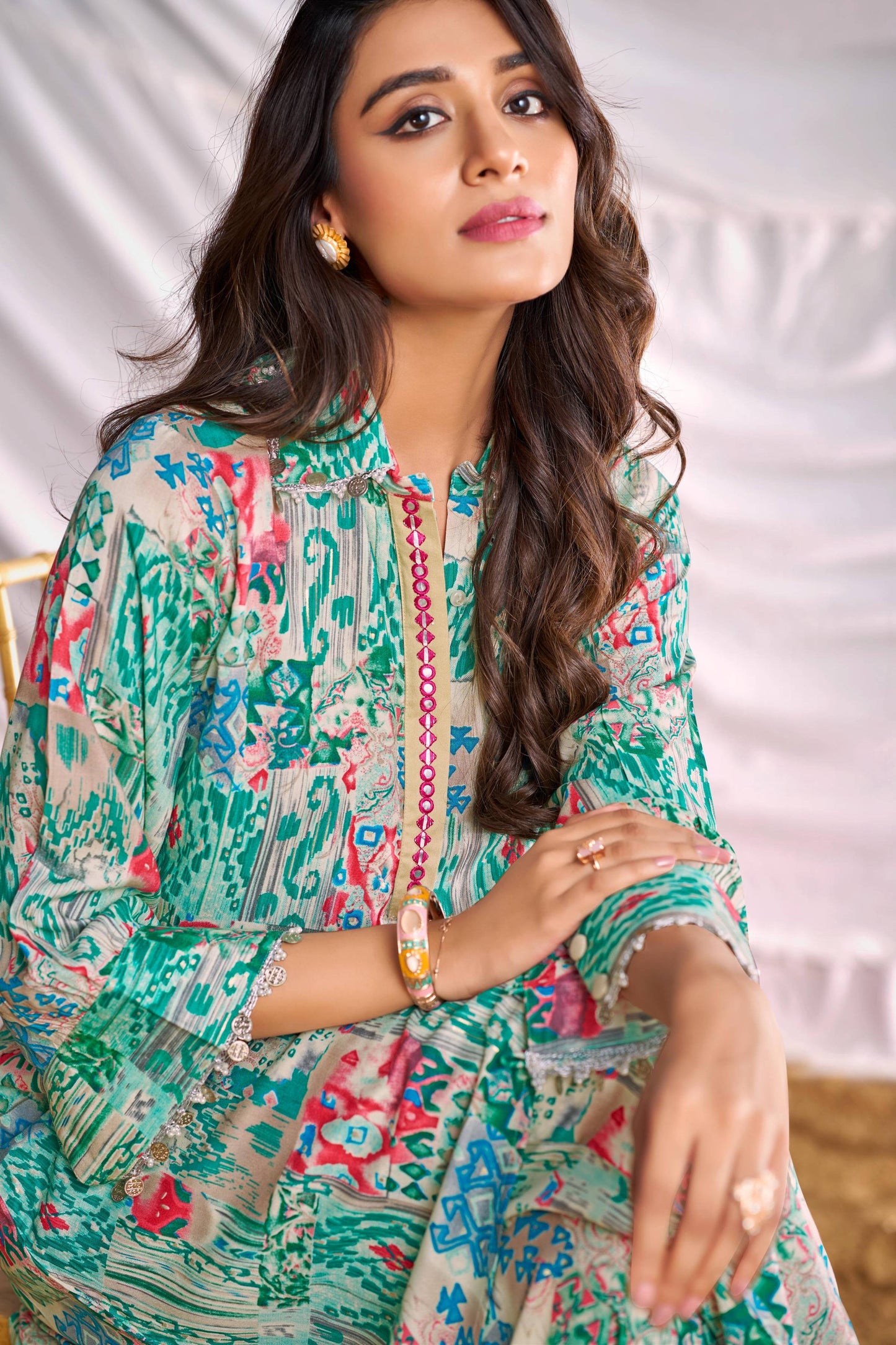 BulBul Women Aqua Green Abstract Printed Co-ord Set - Swadesiicart