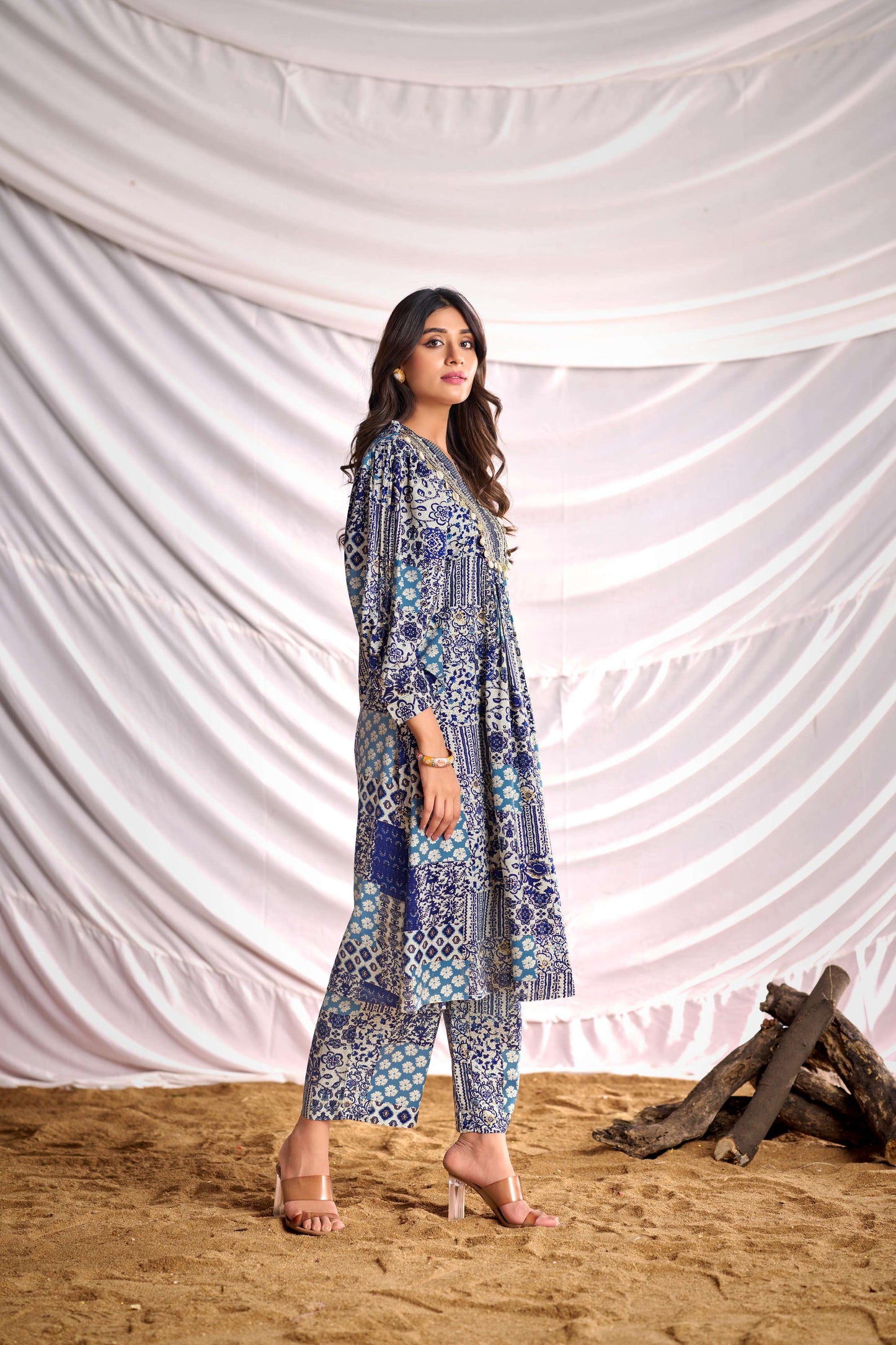 BulBul Women Blue and Cream Mixed Pattern Digital Printed Co-ord Set - Swadesiicart