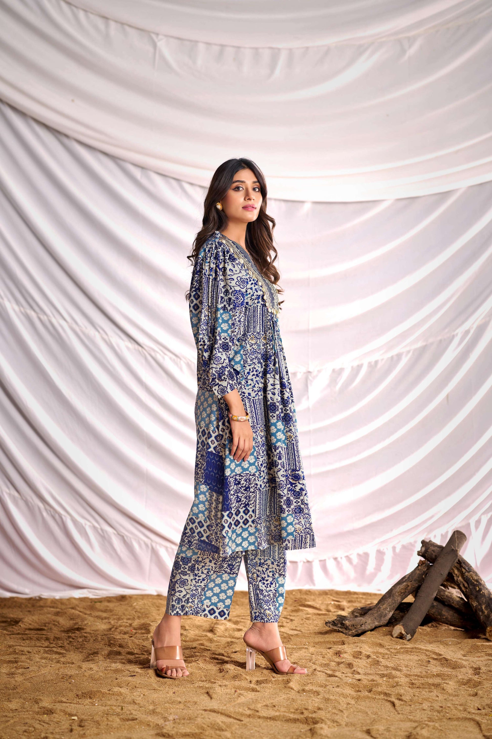 BulBul Women Blue and Cream Mixed Pattern Digital Printed Co-ord Set - Swadesiicart