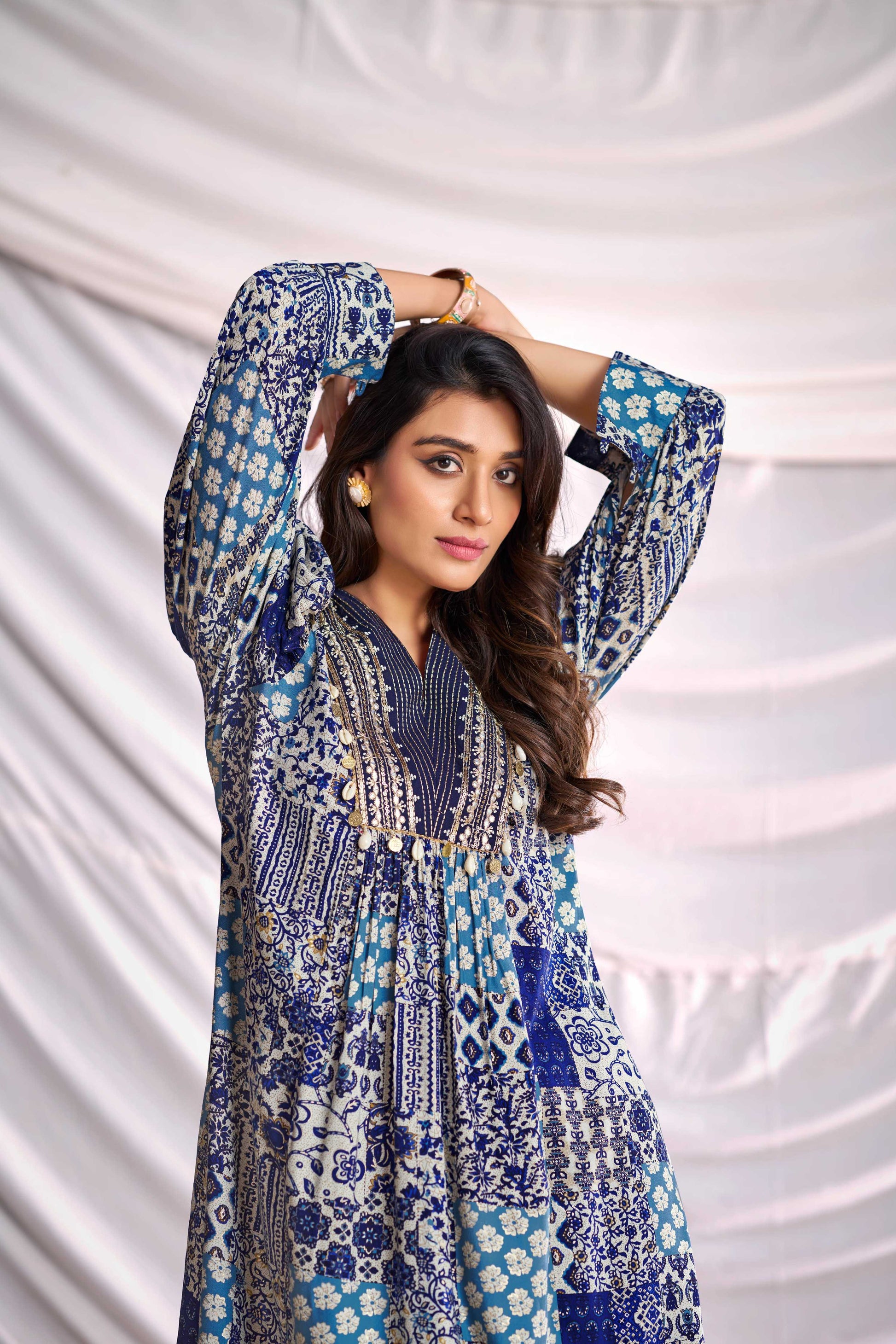 BulBul Women Blue and Cream Mixed Pattern Digital Printed Co-ord Set - Swadesiicart