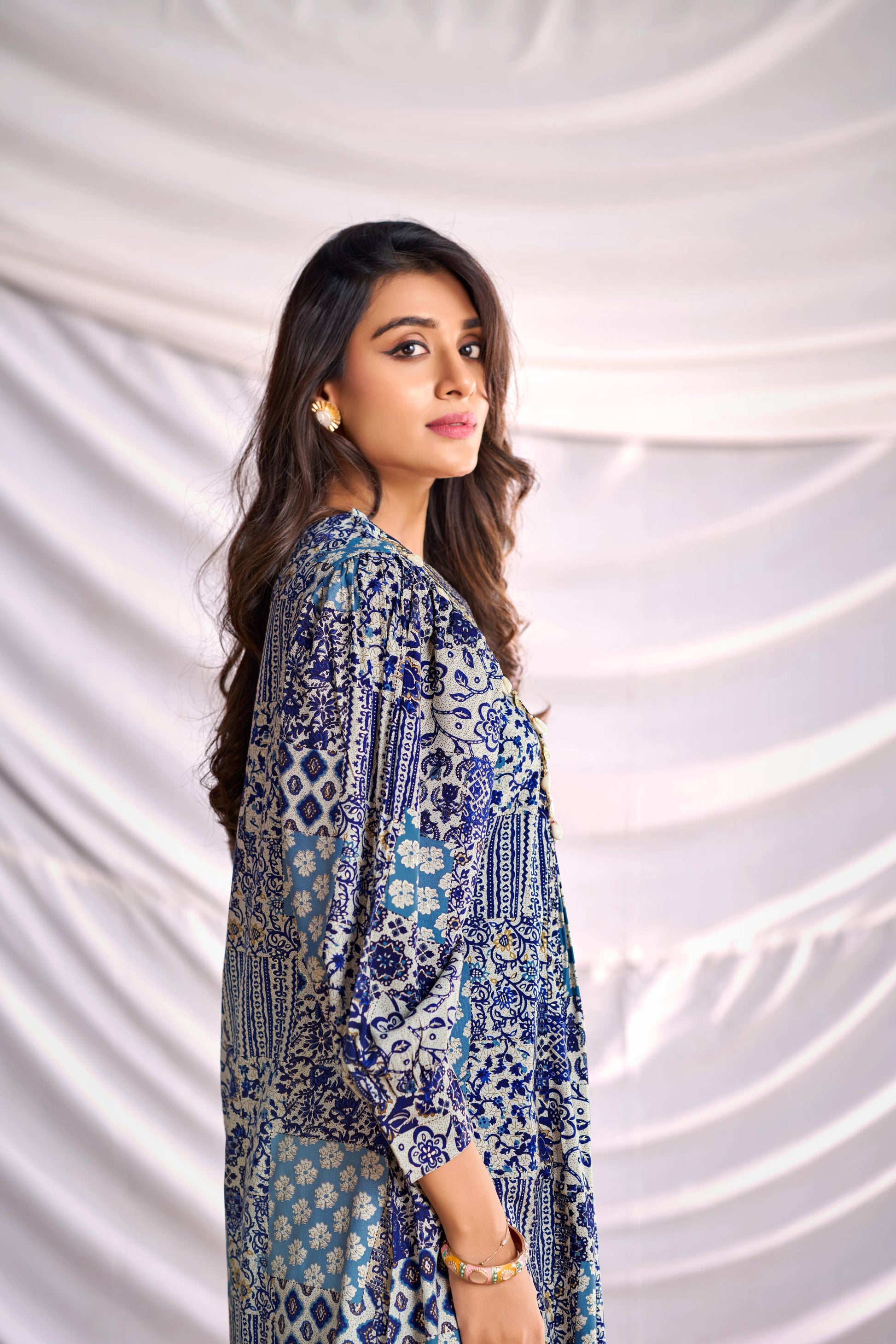 BulBul Women Blue and Cream Mixed Pattern Digital Printed Co-ord Set - Swadesiicart