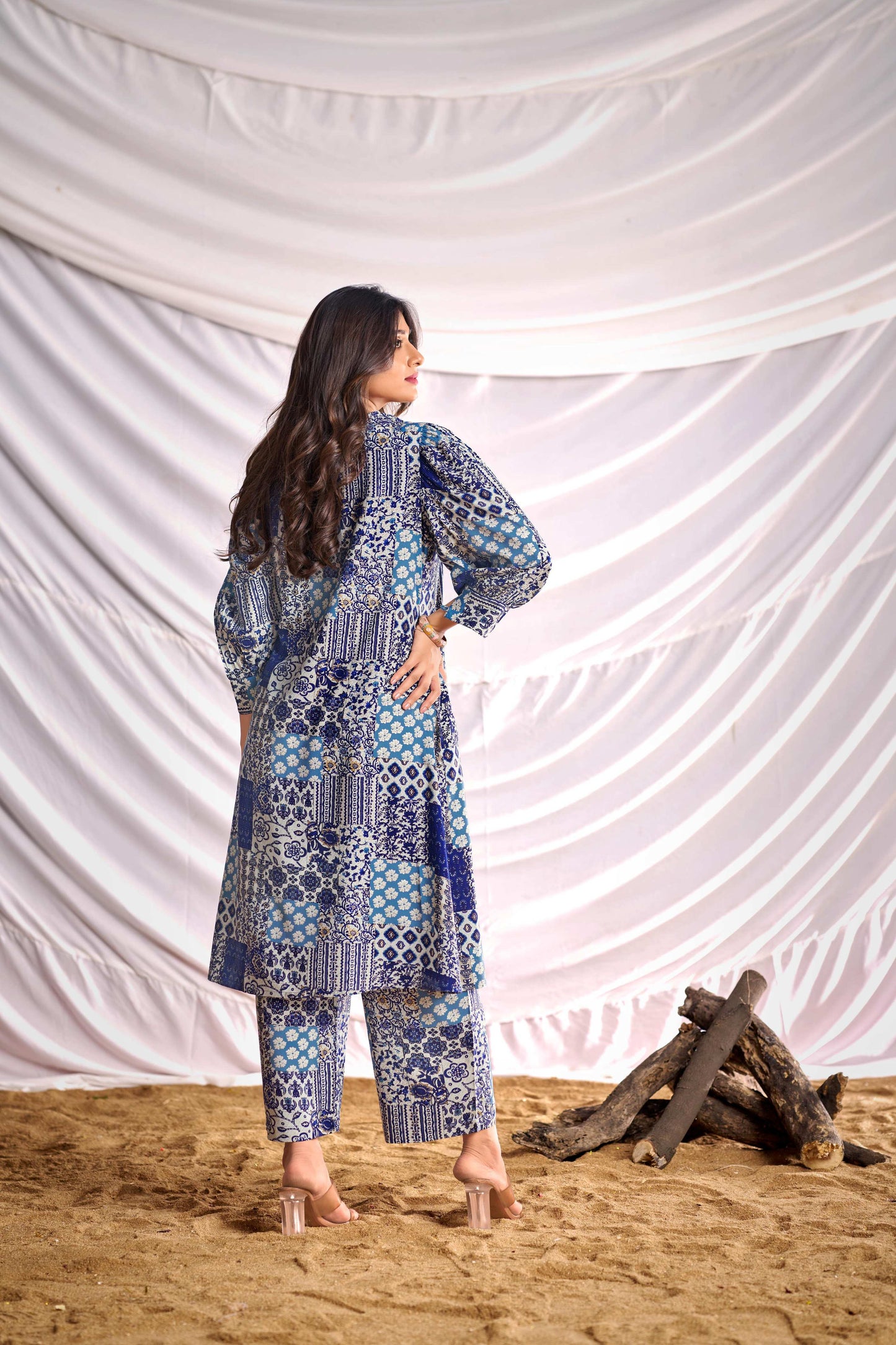 BulBul Women Blue and Cream Mixed Pattern Digital Printed Co-ord Set - Swadesiicart