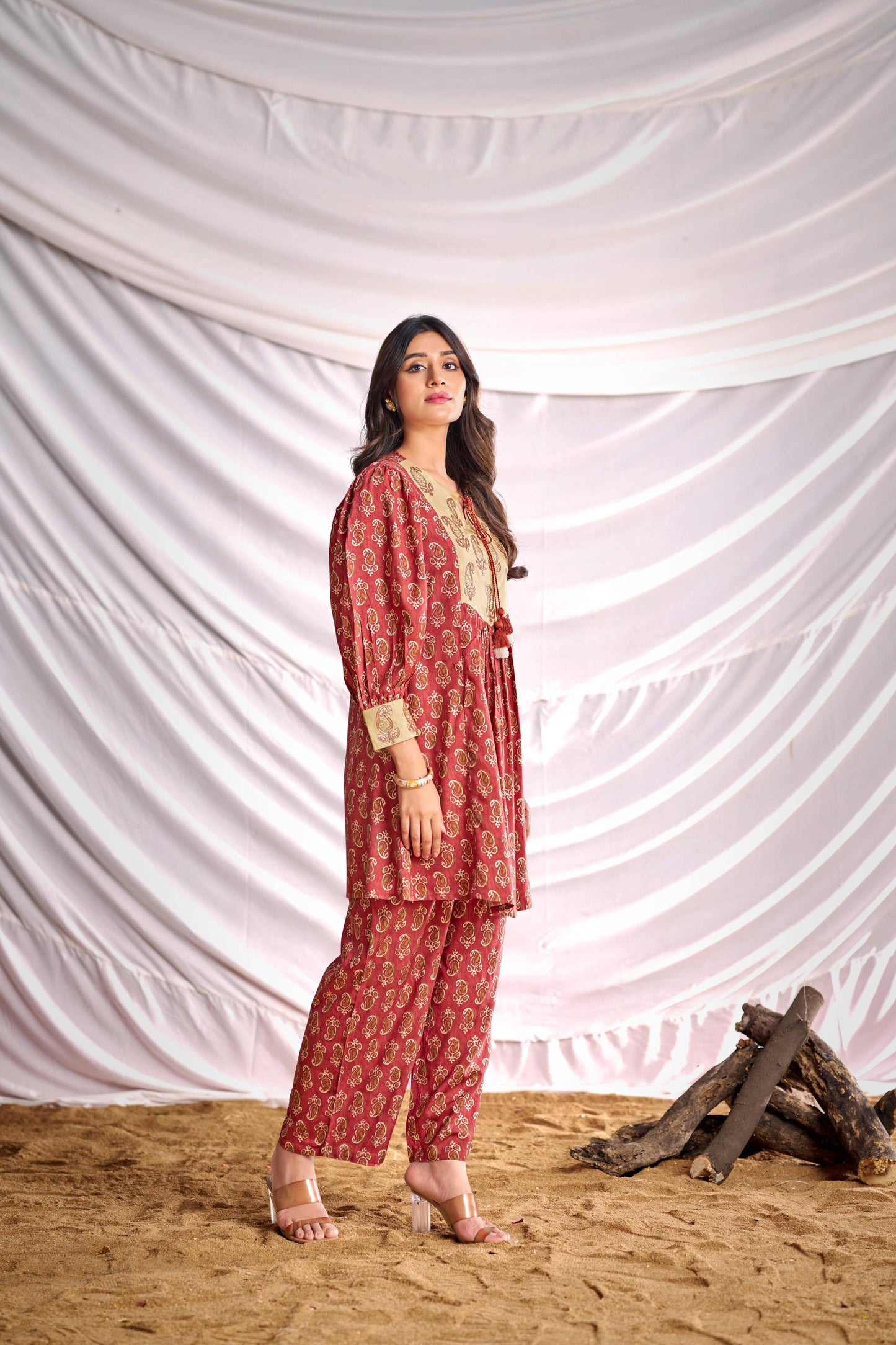 BulBul Women Peach Embroidered Paisley Printed Co-ord Set - Swadesiicart
