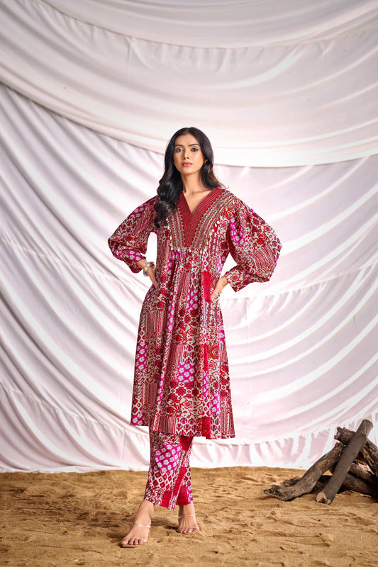 BulBul Women Red and Cream Mixed Pattern Digital Printed Co-ord Set - Swadesiicart