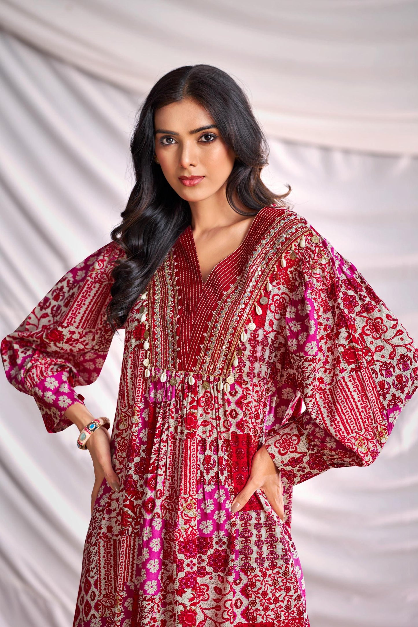 BulBul Women Red and Cream Mixed Pattern Digital Printed Co-ord Set - Swadesiicart