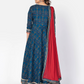NOZ2TOZ Women Dark Blue Anarkali Cotton Kurta With Pant & Dupatta (3Pcs Set) - Swadesiicart
