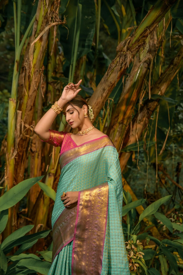 Jyoti Fashion Women's Sky Blue Kanjivaram Silk Zari Woven Saree with Blouse | Swadesiicart