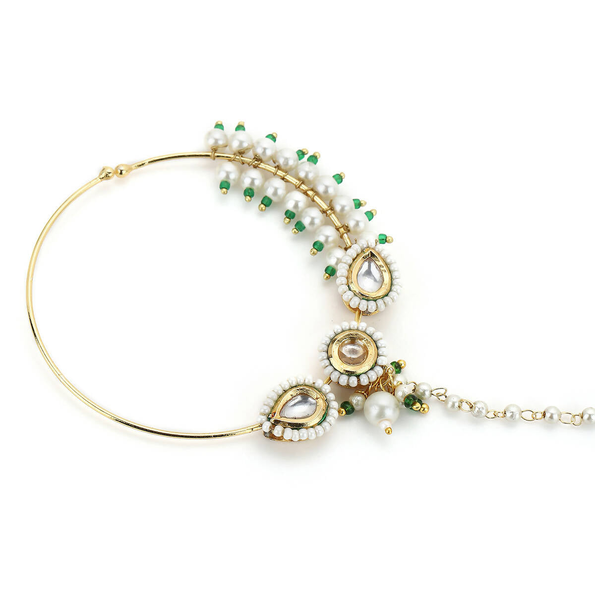 Gold-Polished White Kundan Studded Pearl Beaded Nose Pin - Ruby Raang | Swadesiicart