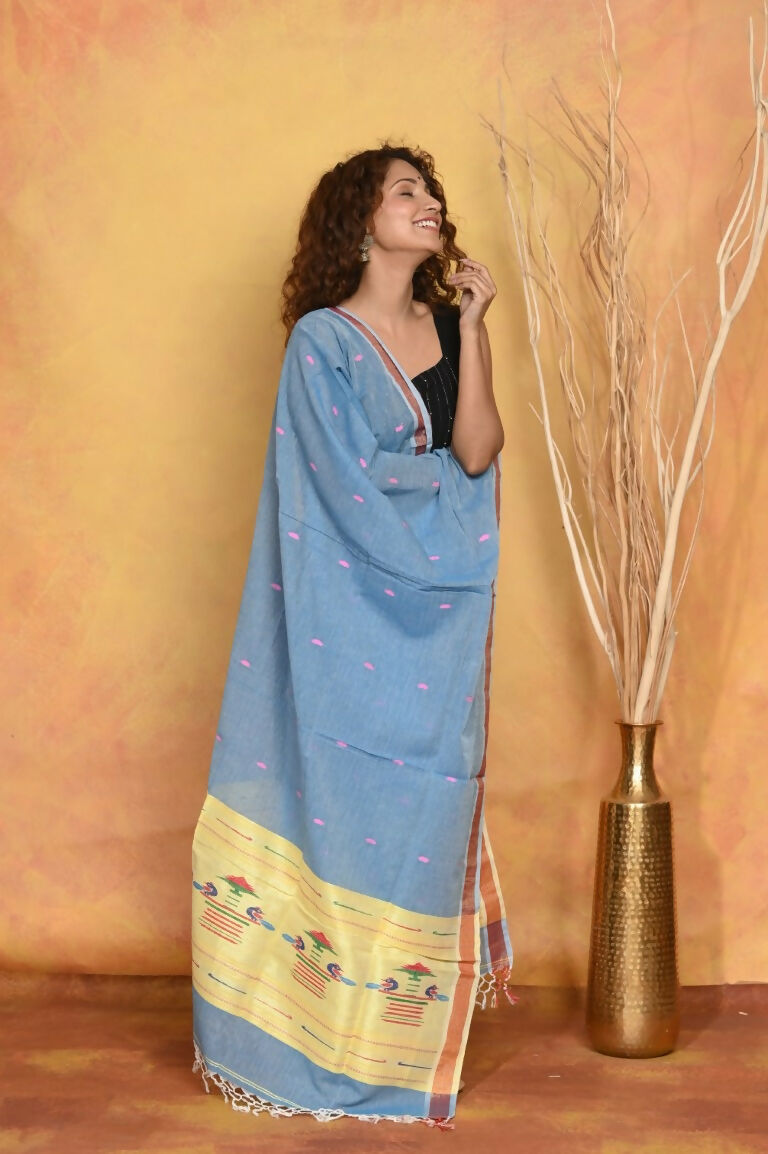 Very Much Indian Handloom Pure Cotton Paithani Dupatta - Powder Blue | Swadesiicart