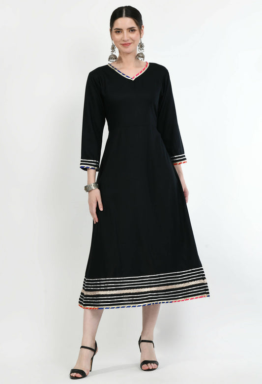 Women's Black Rayon Dress Embellished With Gota Work And Multi Lace - G & A Apparels | Swadesiicart