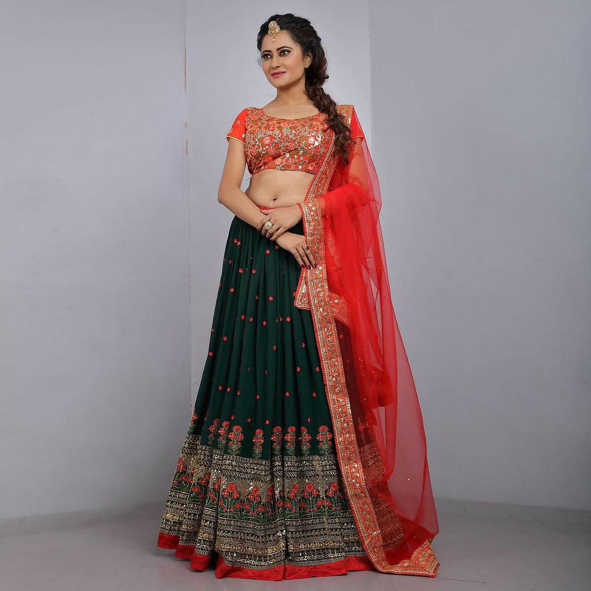Jyoti Fashion Red & Bottle Green Thread & 3mm Sequence Embroidery Georgette Lehenga Choli with Dupatta | Swadesiicart