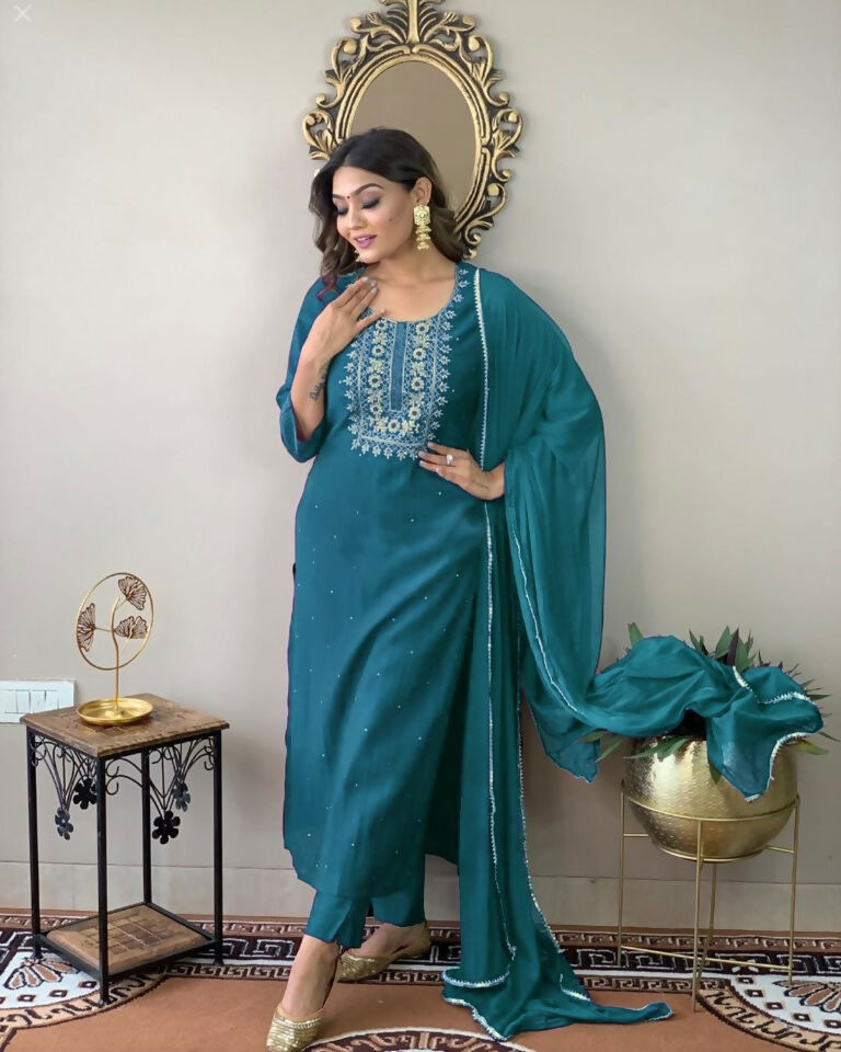 Partywear Designer Firozy Rayon Slub Stitched Suit With Dupatta - Tanisha | Swadesiicart
