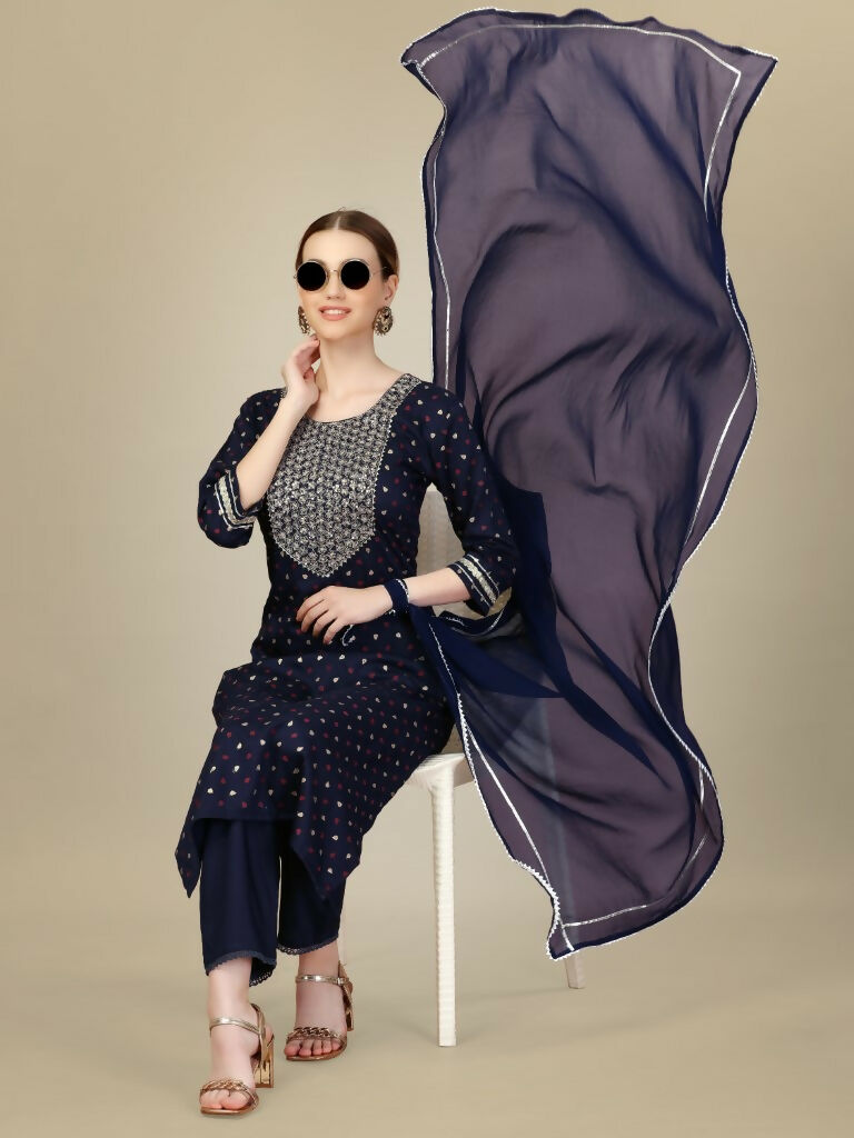 Jyoti Fashion Women's Navy Blue Silk Blend Embroidery & Sequence work Kurta with Trouser & Dupatta | Swadesiicart