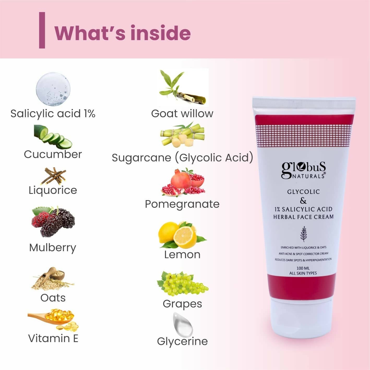 Globus Naturals Glycolic & 1% Salicylic Acid Herbal Anti Acne Face Cream - Swadesiicart