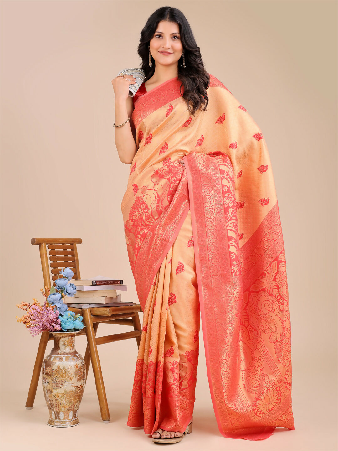 Astita Banarasi Silk Cream & Red Saree | Swadesiicart