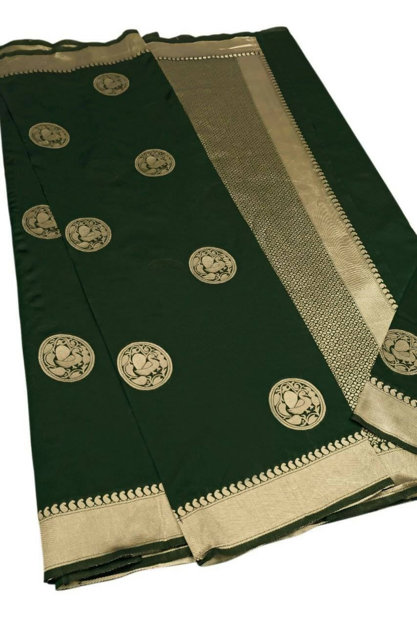 DEIANA'S Beautiful Designer Golden zari Soft Lichi Silk Saree - Green - Swadesiicart