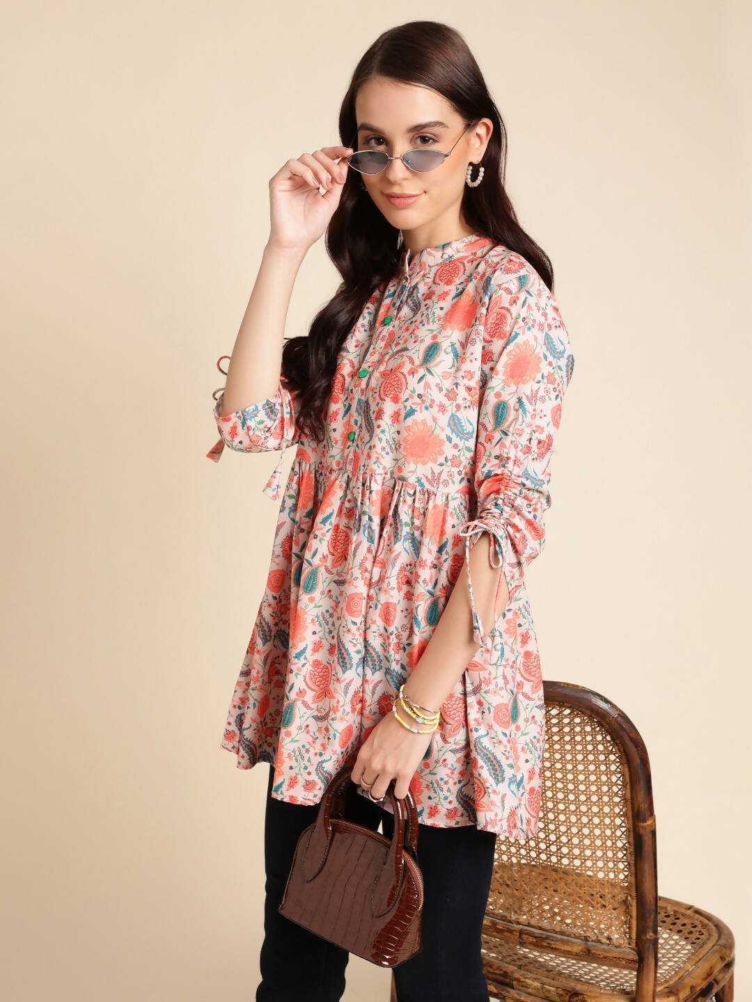 Orange Poly Rayon Digital Printed A-line Top - Tarini - Swadesiicart