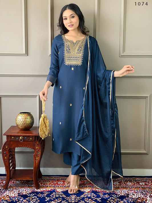 Partywear Designer Rayon Slub Blue Stitched Suit With Dupatta - Tanisha | Swadesiicart