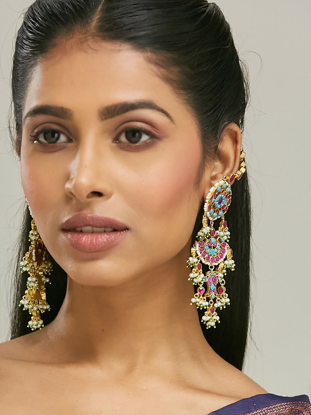 Nuyug 22K Gold-Plated Kundan Studded & Pearl Beaded Crescent Shaped Kanauti Earrings | Swadesiicart