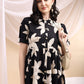 Black Midi Shirt Dress With Oversized Beige Floral Print, Black - Hiral Fashion