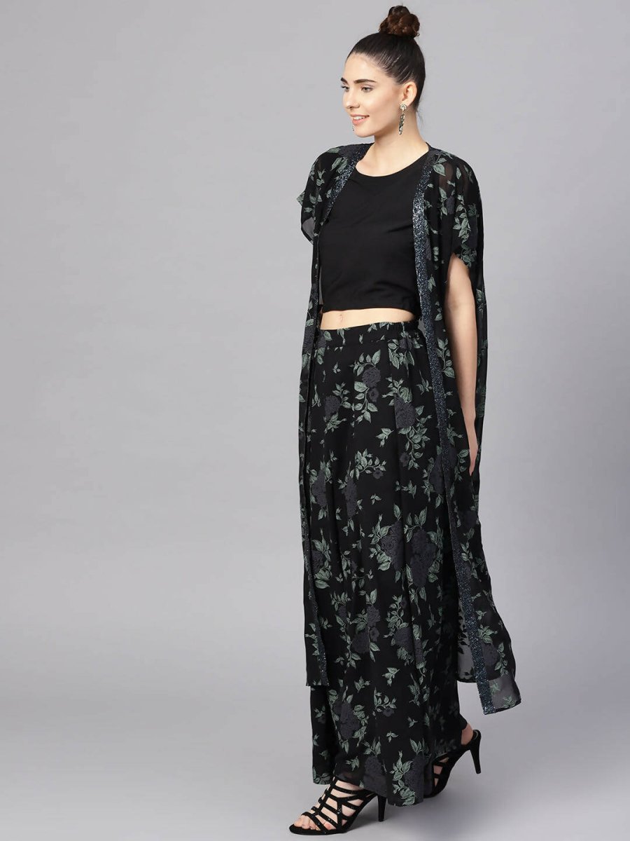 Ahalyaa Black Georgette Crepe Printed Top Palazzo Set With Jacket | Swadesiicart