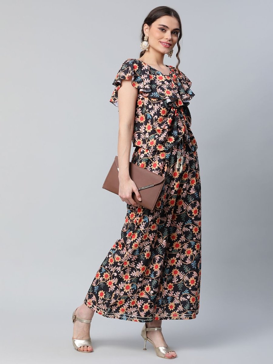 Ahalyaa Women Black Crepe Digital Print Top with Palazzo Set | Swadesiicart
