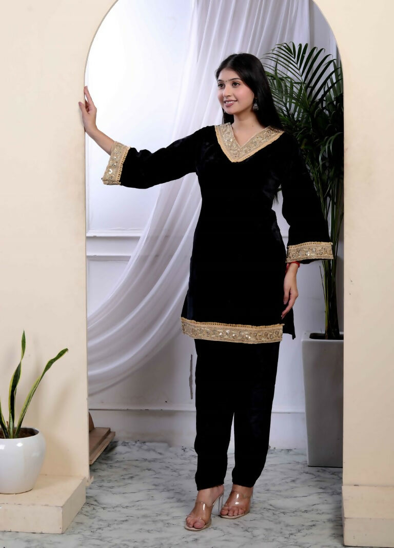 Miravan Women's Black Velvet Dreams Embroidered Co-ord Set - Swadesiicart