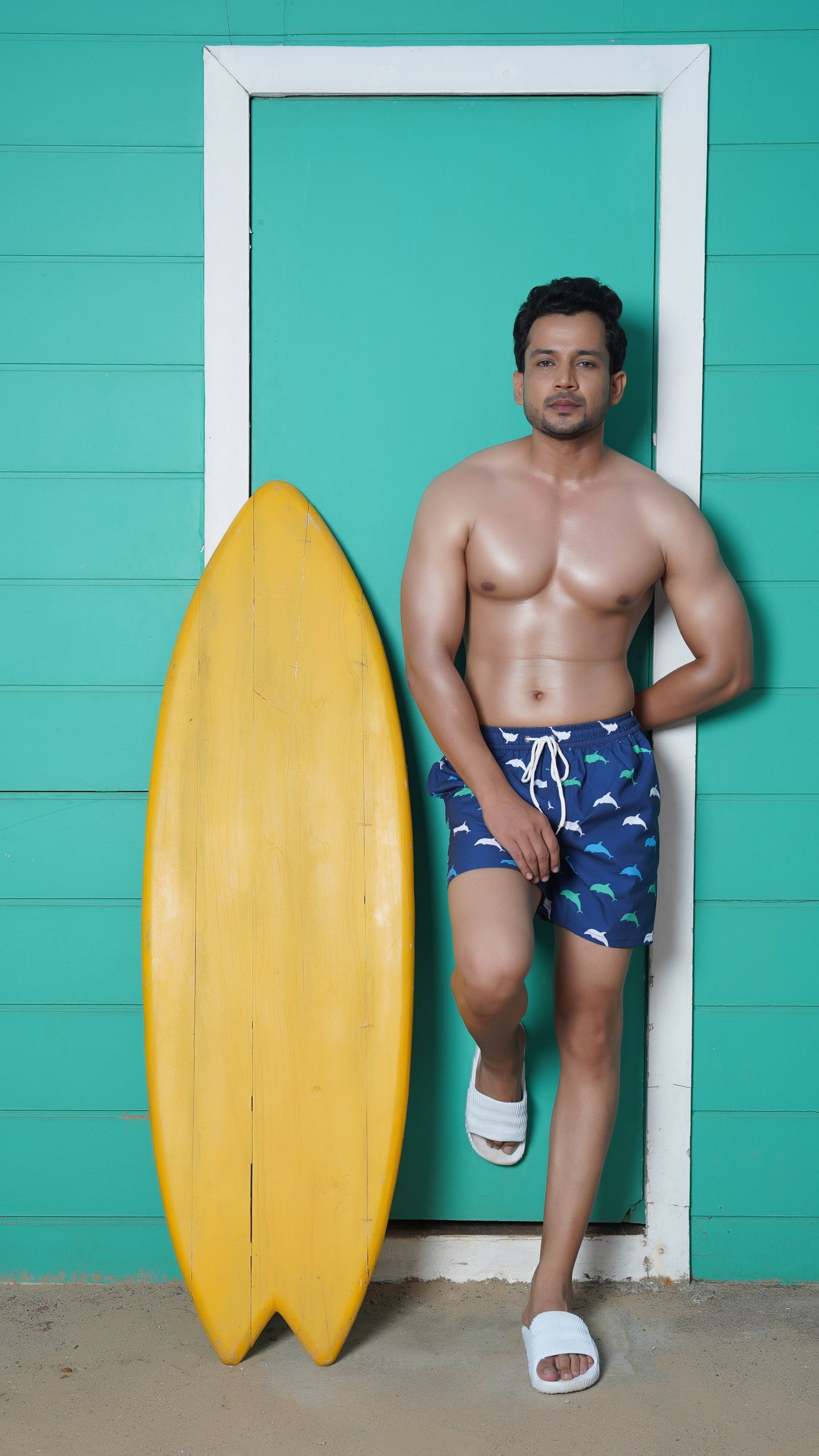 Noroke Sustainable fabric | Poly elastane Dolphin Patterned Men Swim Shorts | Swadesiicart