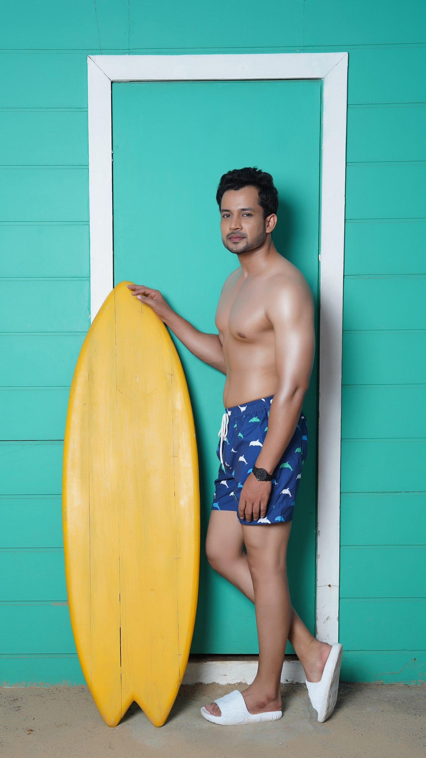 Noroke Sustainable fabric | Poly elastane Dolphin Patterned Men Swim Shorts | Swadesiicart