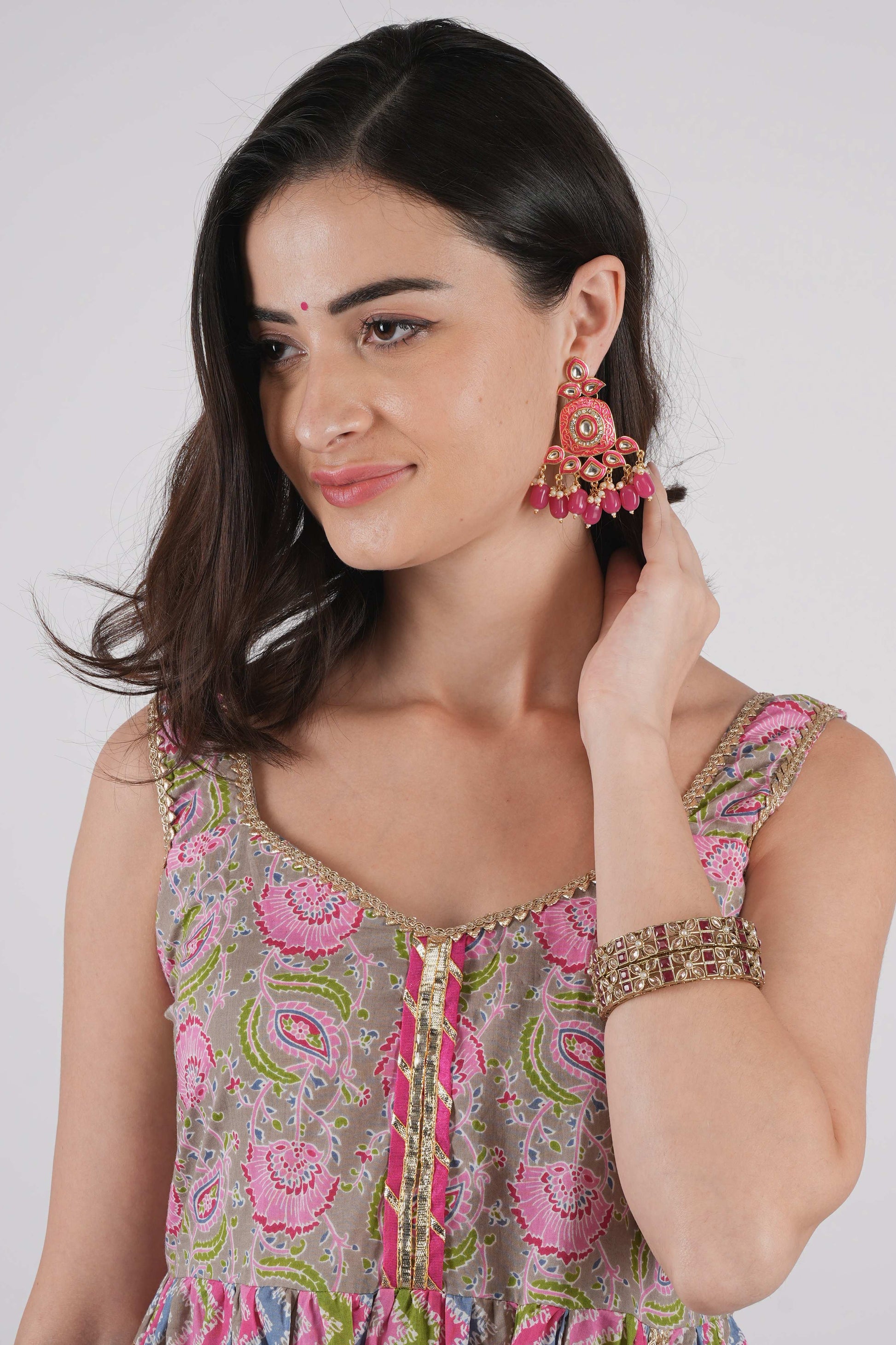 Meenakari Pink Kundan Drop Earrings for Womens by House of Ree | Swadesiicart