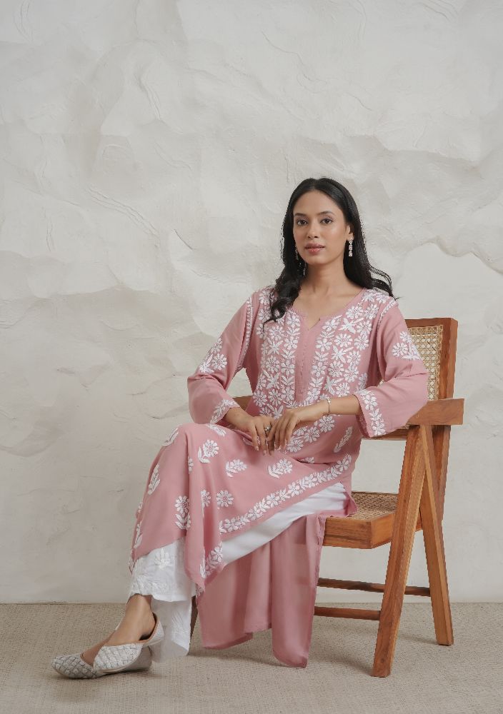 Gharana India Modal Onion Pink Coloured Chikankari Kurta | Swadesiicart