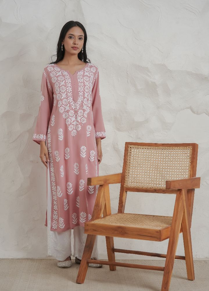 Gharana India Modal Onion Pink Coloured Chikankari Kurta | Swadesiicart