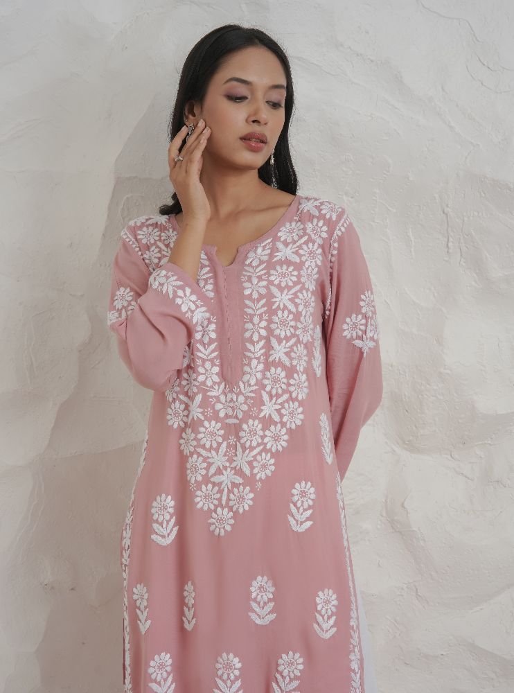 Gharana India Modal Onion Pink Coloured Chikankari Kurta | Swadesiicart