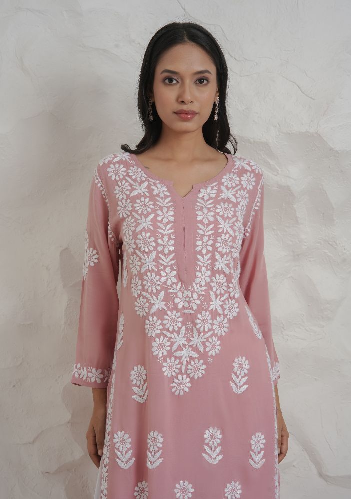 Gharana India Modal Onion Pink Coloured Chikankari Kurta | Swadesiicart