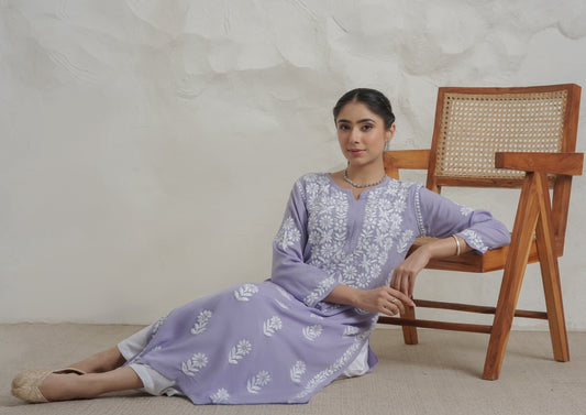 Gharana India Modal Lavender Coloured Chikankari Kurta | Swadesiicart
