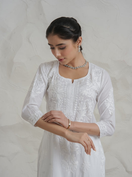 Gharana India Mul Cotton Fine Chikankari Kurta White | Swadesiicart
