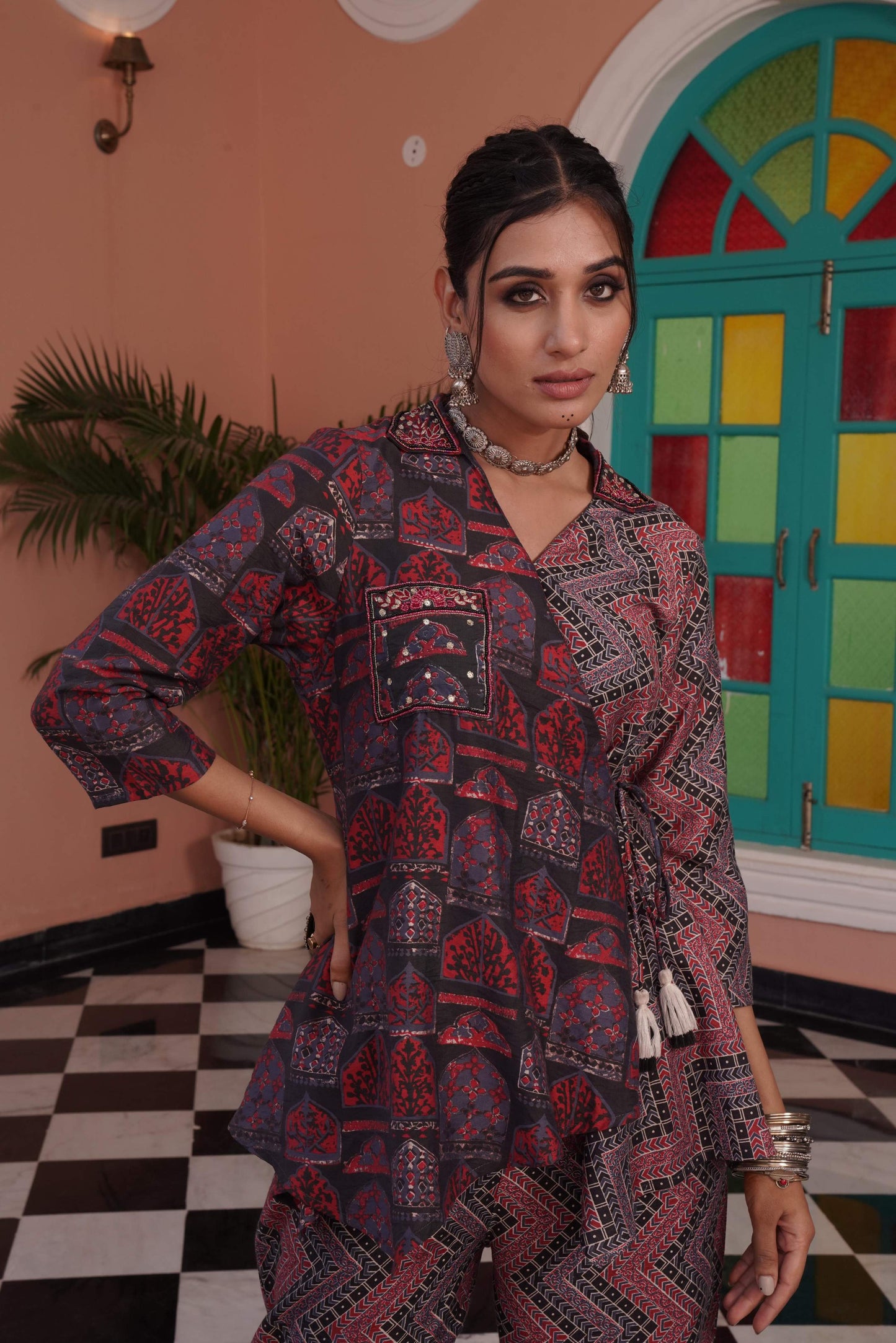 BulBul Atrangi Chanderi Red Co-Ord Set - Swadesiicart
