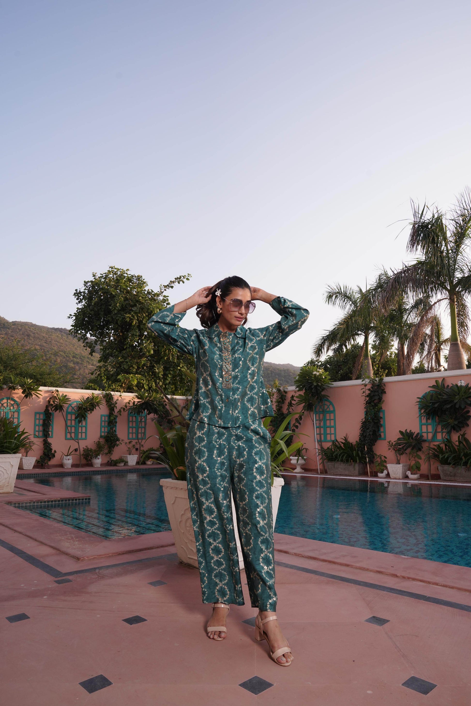 BulBul Aneri Teal Chanderi Co-Ord Set - Swadesiicart