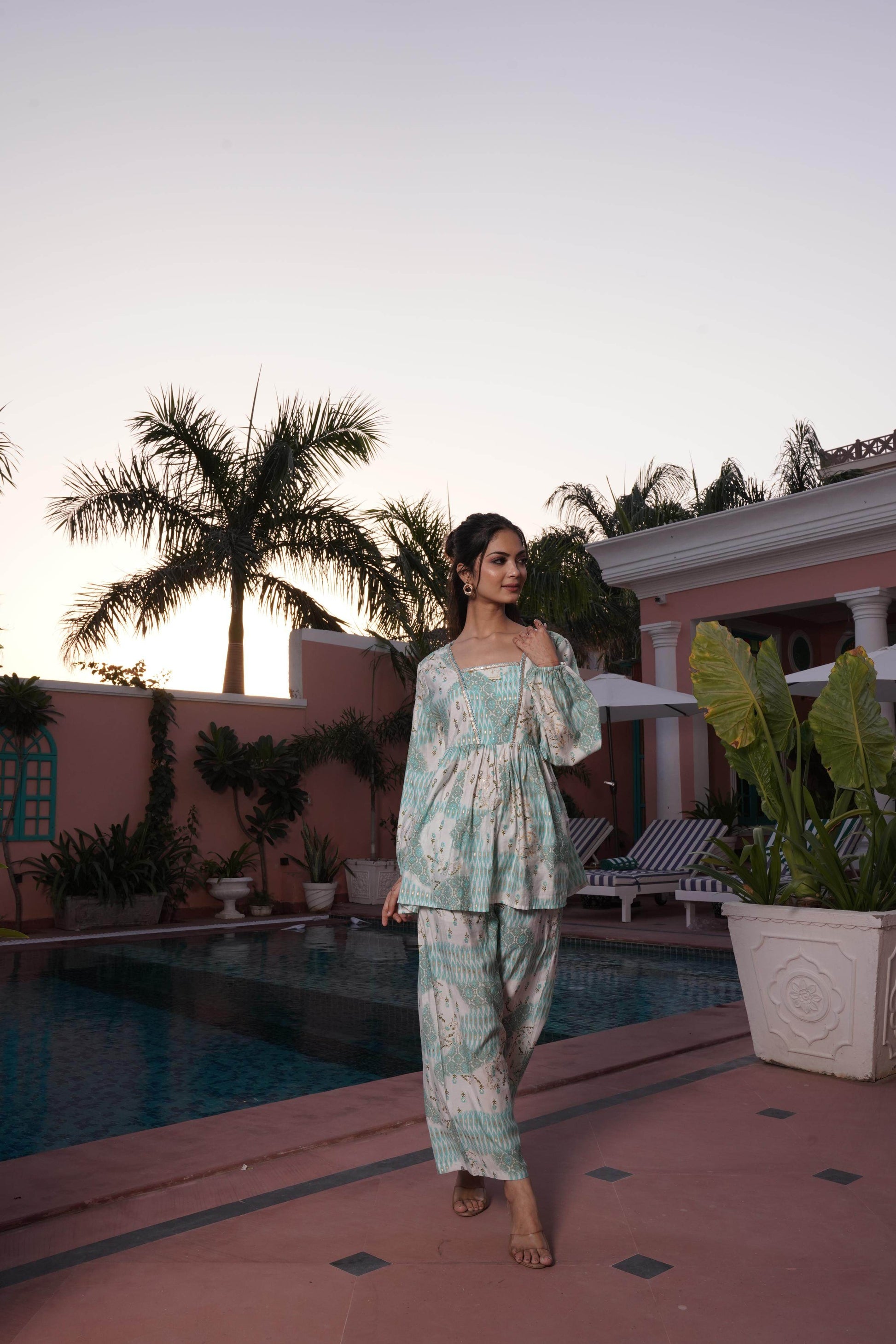 BulBul Dhriti Light Teal Chanderi Co-Ord Set - Swadesiicart