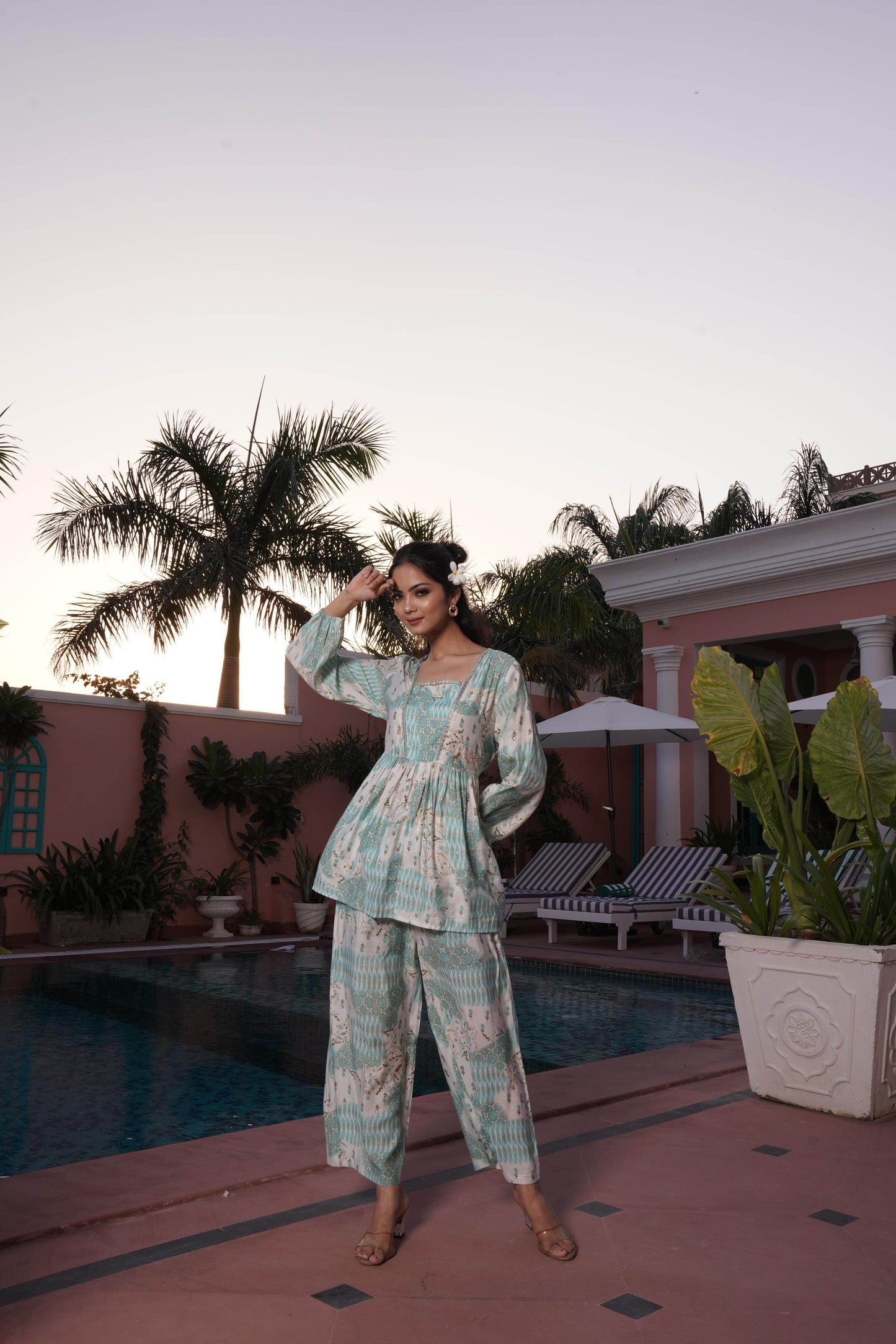 BulBul Dhriti Light Teal Chanderi Co-Ord Set - Swadesiicart