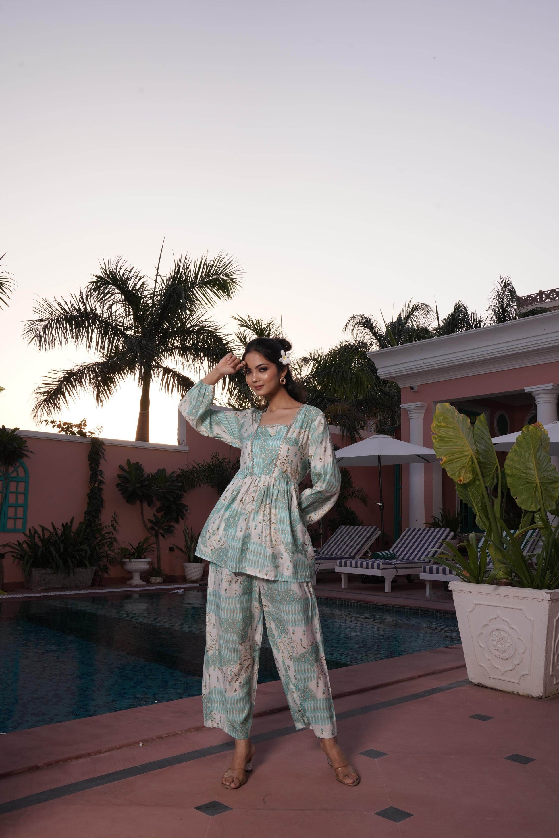 BulBul Dhriti Light Teal Chanderi Co-Ord Set - Swadesiicart