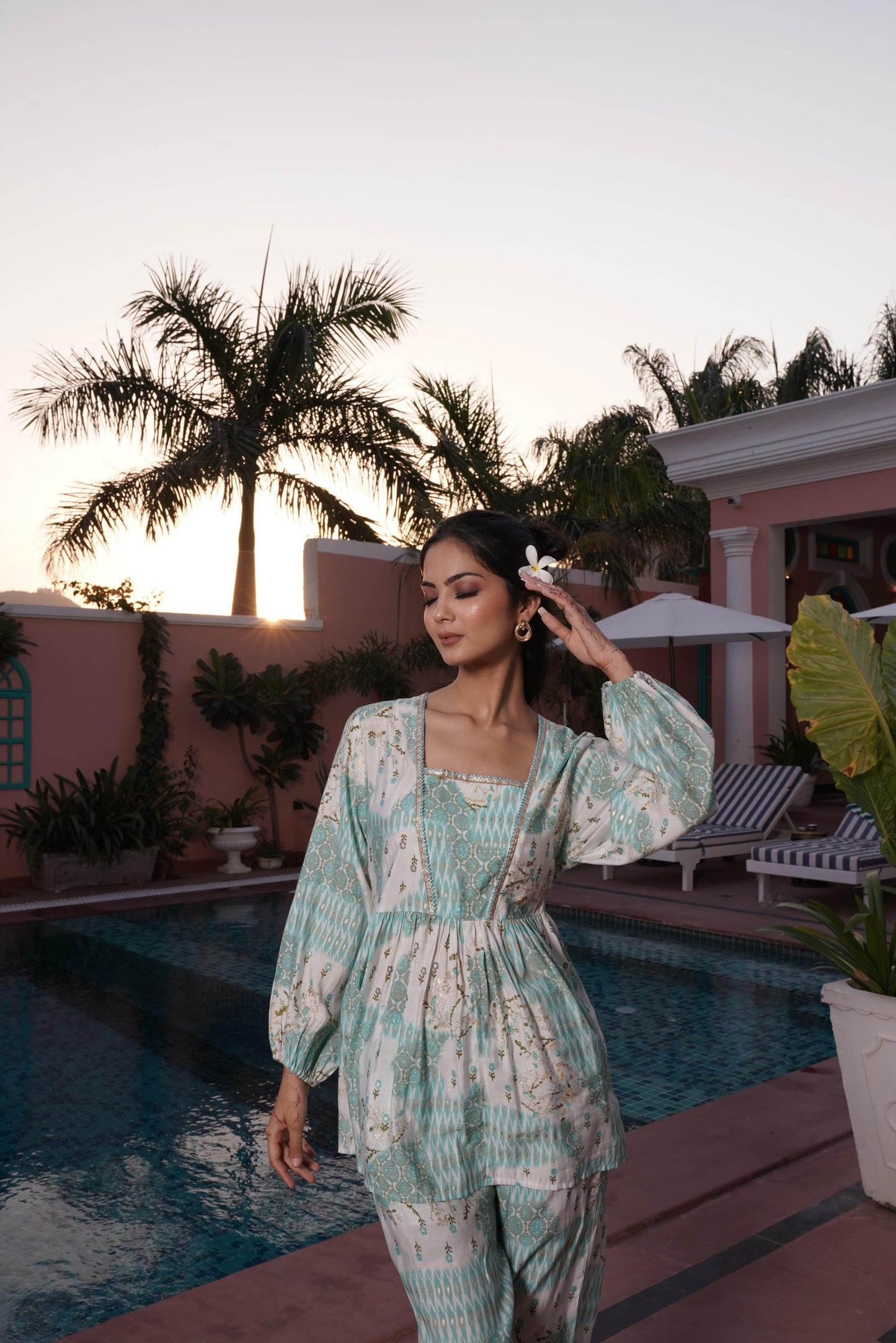 BulBul Dhriti Light Teal Chanderi Co-Ord Set - Swadesiicart