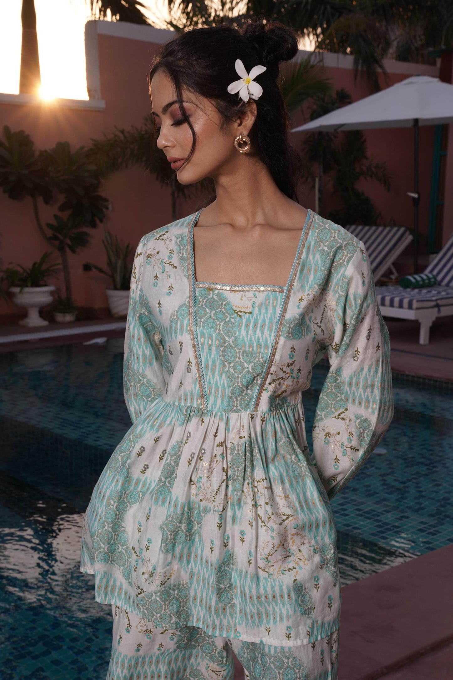 BulBul Dhriti Light Teal Chanderi Co-Ord Set - Swadesiicart