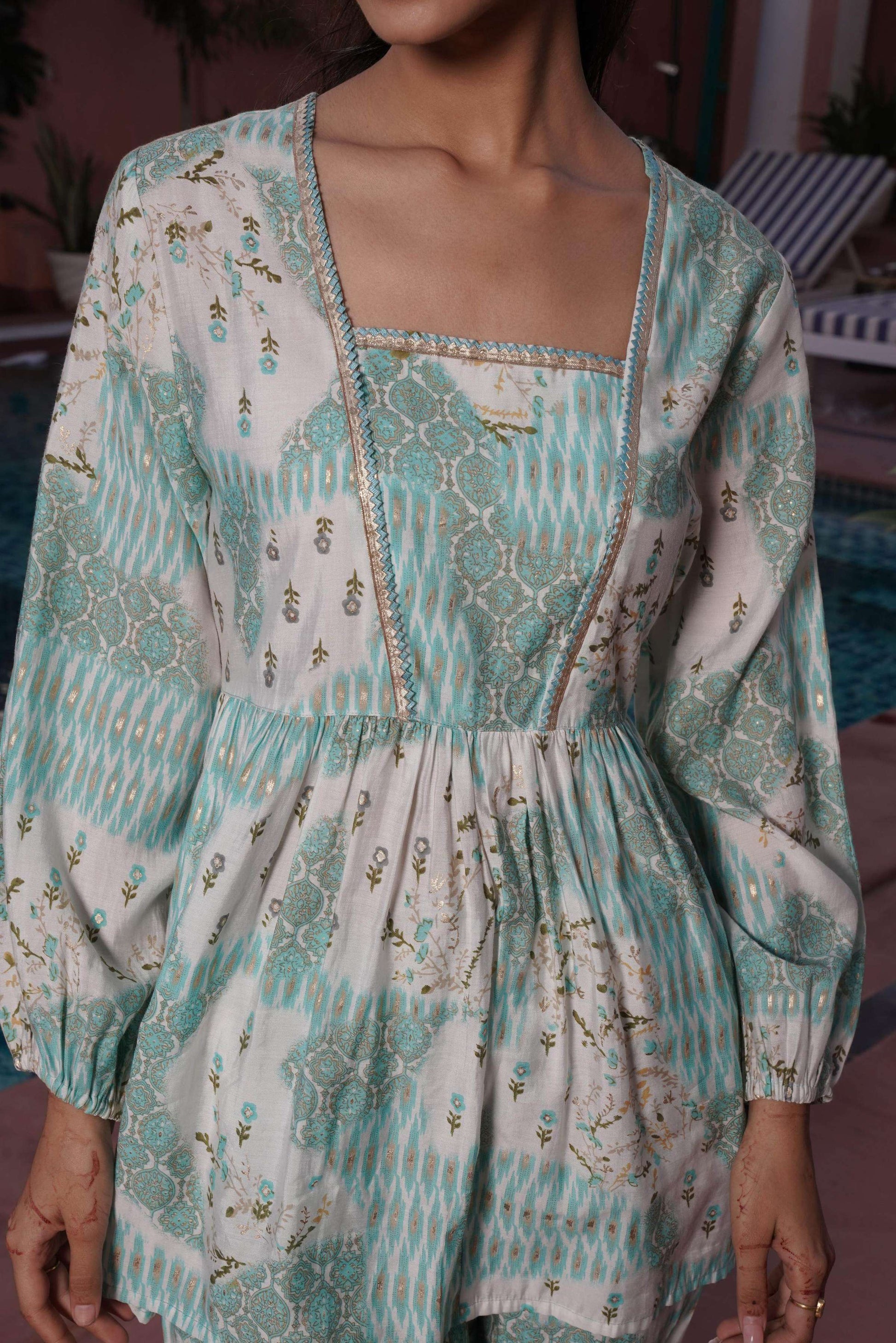 BulBul Dhriti Light Teal Chanderi Co-Ord Set - Swadesiicart