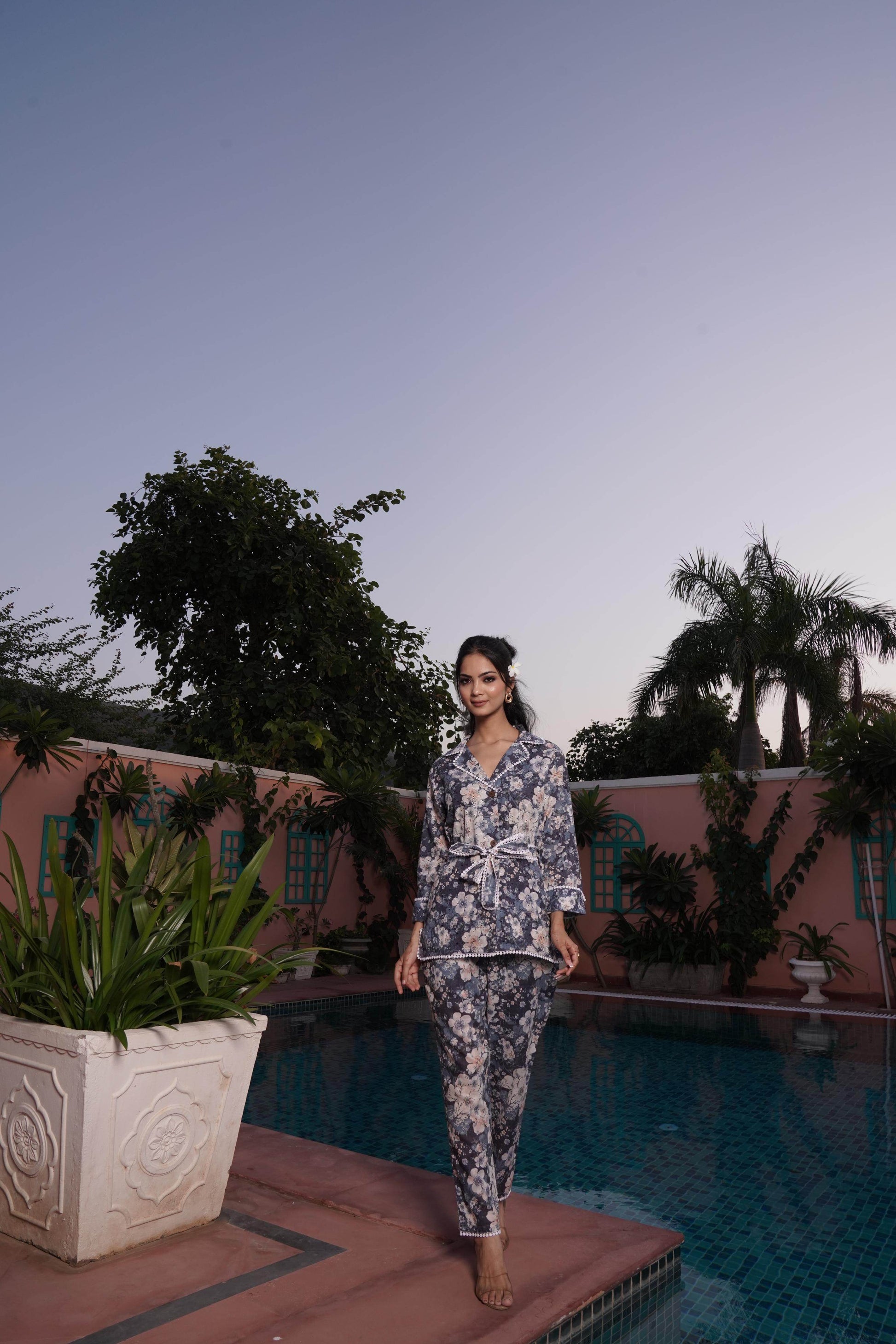 BulBul Blue Cotton Long Lace Co-Ord Set - Swadesiicart