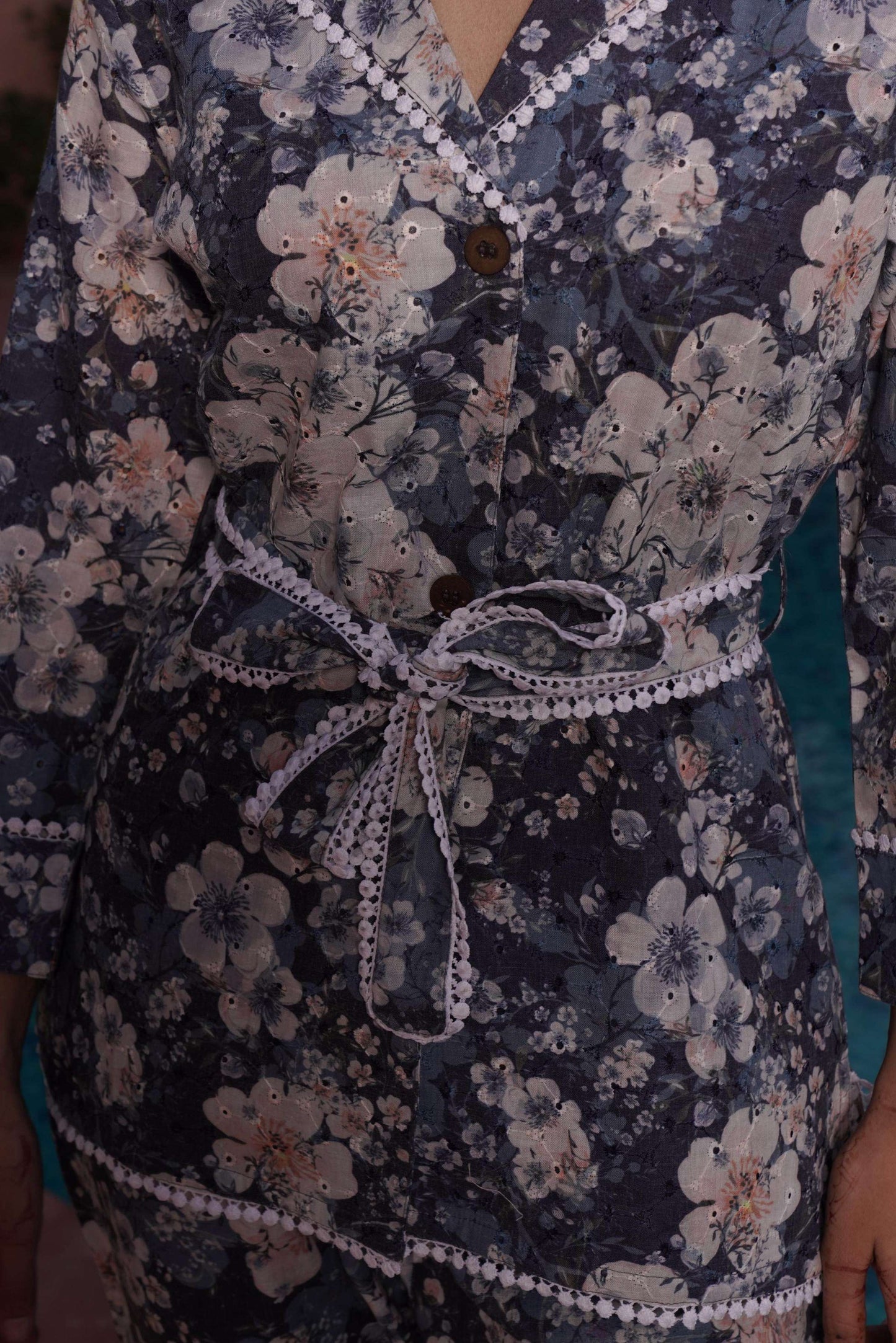 BulBul Blue Cotton Long Lace Co-Ord Set - Swadesiicart